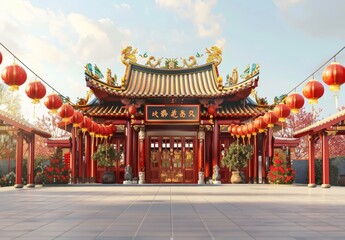 Fototapeta premium A 3D illustration of a Chinese festival scene featuring traditional architecture, capturing the essence of a cultural event with national flair.