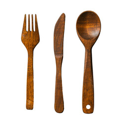 Wooden cutlery set with fork, knife, and spoon seen from a top-down perspective, rustic dining concept isolated on transparent background cutout png