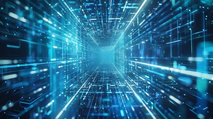 A digital abstract background with glowing blue and white lines representing data flow, over an intricate grid of transparent glass blocks, creating the illusion that they form a futuristic cityscape