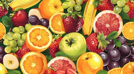 Illustrated fruit background with apples, oranges, bananas, strawberries, and grapes. Perfect for fresh and cheerful themes