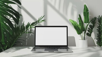 Creative Workspace with Laptop Showing Blank Screen for Mockup Use