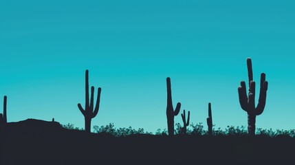Minimalist cacti silhouette against clear blue sky, photorealistic, vibrant, overlay, desert setting