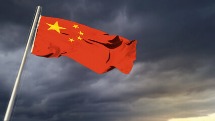 beautiful China flag on heavy dark clouds background - abstract 3D rendering