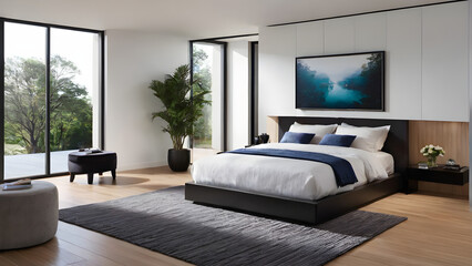 Modern bedroom design, modern furniture, double beds and french window, high-end apartments or hotels, high-end furniture