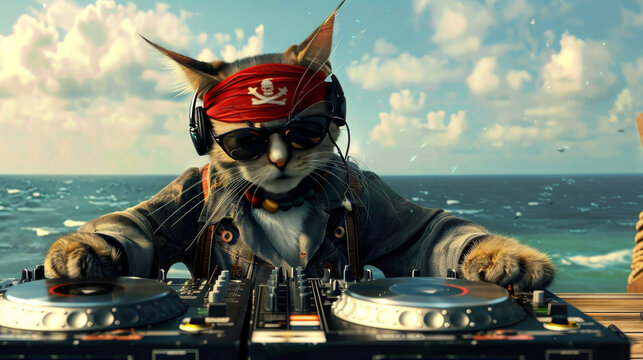 cat dj at work as pirate