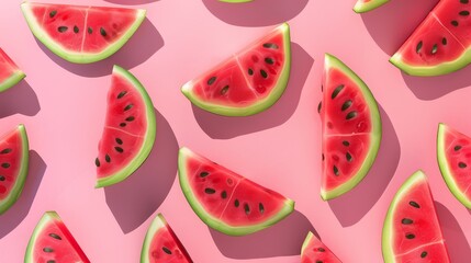 Pop art watermelon pattern, pink background, top view, copy space, photorealistic, ethereal, double exposure, fresh and fun