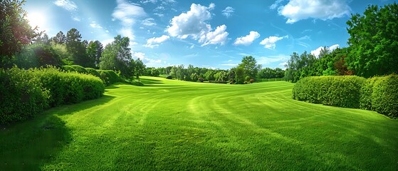green meadow under a vast sky with scattered clouds lush greenery and bushes on the sides