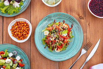 vegetable salads. view from above. vegetable dishes.