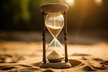 A radiant hourglass in the warm sunlight captured on a sandy surface, symbolizing time