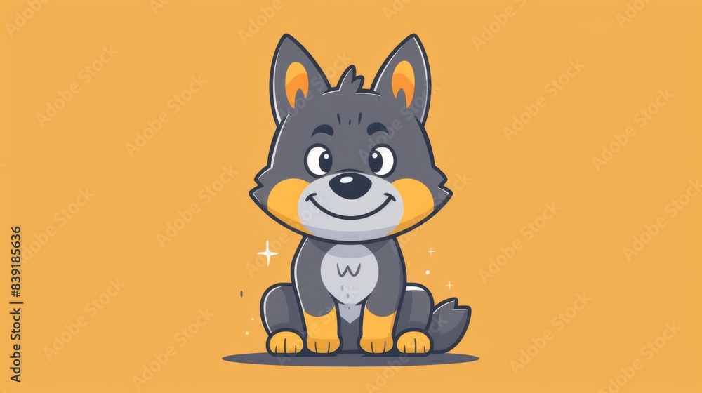 Sticker a cartoon wolf sitting on a yellow background, ai