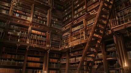 Fototapeta premium Classic dark wood shelves laden with countless books