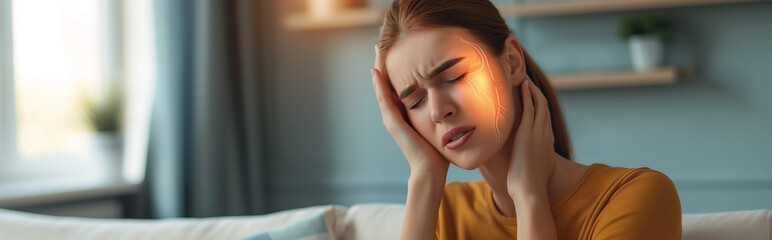 Naklejka premium Digital composite of highlighted had of a woman with had pain at home. Photo with copy space. Hyper realistic photo
