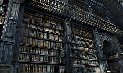Obraz premium Classic dark wood shelves laden with countless books