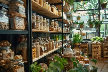 Fototapeta premium Inviting Zero Waste Shop Interior with Dry Goods in Glass Jars and Lush Green Plants
