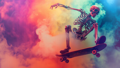 One skeleton riding skateboard spooky eerie rainbow smoke foggy mist Halloween background skate skateboarding trick jump kickflip ollie grind pose skull bone cloud misty haunted fun skater copy space