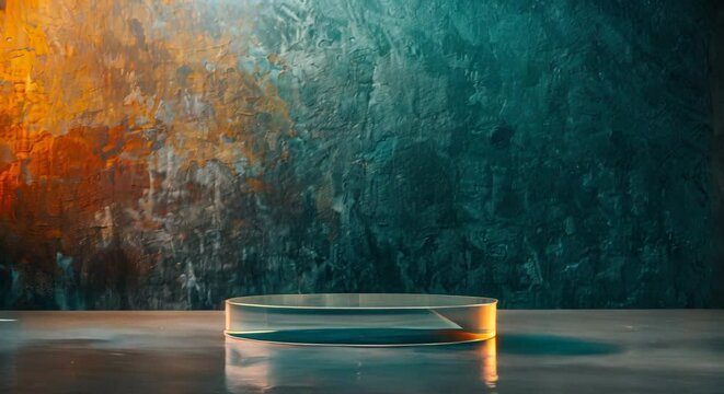 A circular glass platform sits in front of a blue and orange painted concrete wall.
