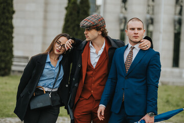 Three stylish friends in sharp suits pose together outdoors. The group exudes confidence and camaraderie in a modern urban environment.