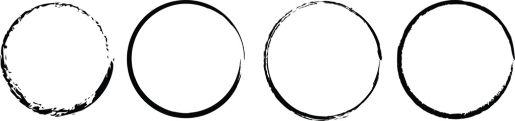 Grunge circles brush set. Black circle frames. Round line of black paint. Grunge round shapes. Circular ink brush stroke fro design elements. Vector illustration.