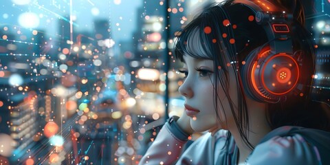 Anime girl with headset vibing to music in cyberpunk steampunk scifi fantasy setting. Concept Anime, Girl, Headset, Cyberpunk, Steampunk, Scifi, Fantasy, Vibing, Music