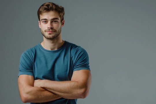 Young man in blue t shirt  standing confidently with arms crossed.
