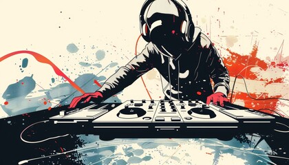 DJ with Hoodie Mixing Tracks with Splatter Art.