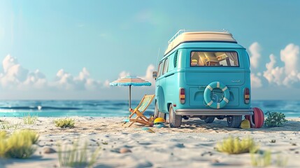 Summer Wanderlust: Beach Adventure Awaits! Blue Van with Beach Chair and Accessories, 3D Render