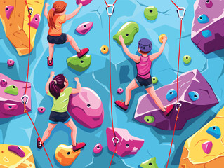 Two children climb colorful walls climbing gym, secure ropes, climbing holds visible. Young climbers wearing helmets engage indoor rock climbing, vibrant colors background. Kids practice sport