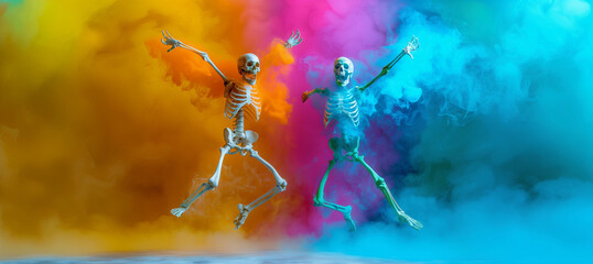 Two spooky skeletons couple jumping dancing creepy smoke fog mist Halloween background ballet leap dance fun pose nightclub music club disco dj poster skull bone horror haunted dancers copy banner