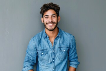 Obraz premium Handsome Hispanic man smiling against grey background portrait.