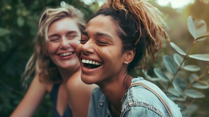 two women laughing together in the woods with leaves in the background