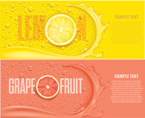 juice background with grapefruit, lemon slice, with splash and  many juice drops	