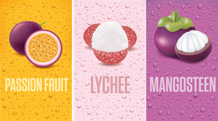 many fresh juice drops background with mangosteen, lychee, passionfruit	
