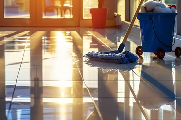 Fototapeta premium Sunlit Modern Hallway with Blue Mop Bucket and Cotton Mop Casting Long Shadow