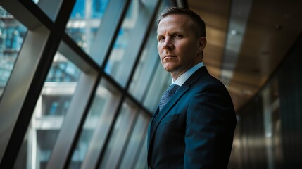 Naklejka premium a man in a suit and tie standing in front of a window with a view of a city outside