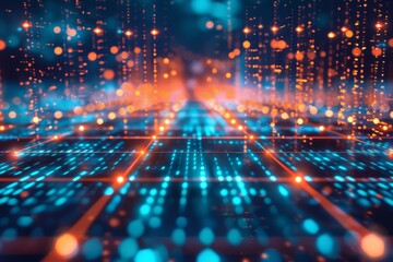A digital grid background with blue and orange lights, representing the future of technology in data science