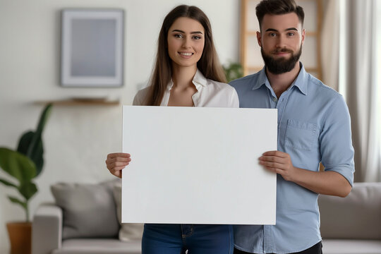 Proud attractive couple. Holding large empty white canvas in modern livingroom. Blurred background
