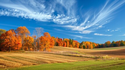 Autumn Splendor in Rustic Countryside: Vibrant Fall Foliage under a Blue Sky