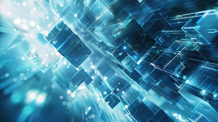 A futuristic background featuring an abstract geometric pattern of blue and white glowing lines, representing advanced technology or data transfer in a digital illustration style