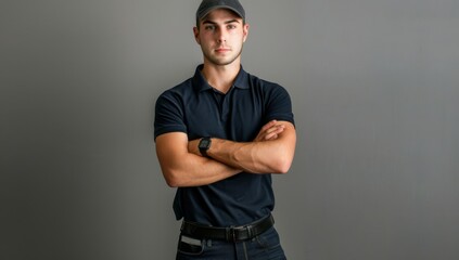 A professional photo of an attractive Caucasian male service technician wearing a navy blue polo shirt and dark jeans with his arms crossed, standing in front of a grey background.