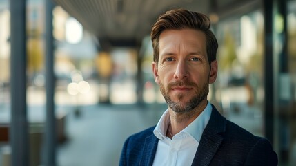Obraz premium a man with a beard and a suit jacket on standing in front of a building with a glass door