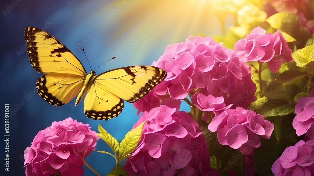 Poster delight in the whimsical charm of nature with this captivating image of a yellow butterfly soaring a