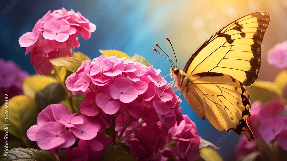 Poster delight in the whimsical charm of nature with this captivating image of a yellow butterfly soaring a