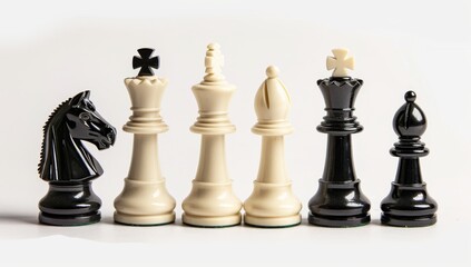 A set of chess pieces arranged in an elegant display on white background, with each piece in black and cream colors. The composition is symmetrical