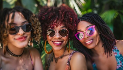 three women with sunglasses are smiling