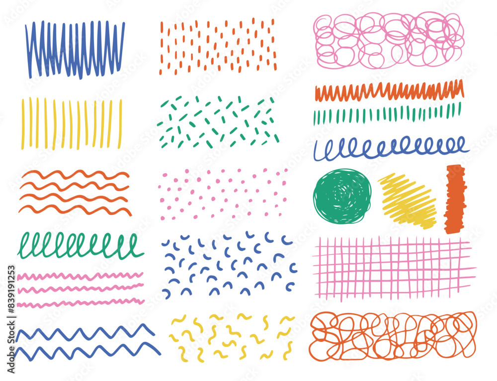 Poster set of drawing abstract scribble and texture. collection wavy multicolored line brush. doodle ink el