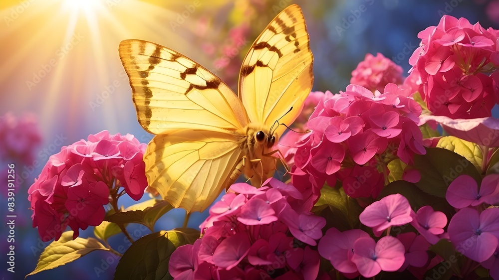 Poster delight in the whimsical charm of nature with this captivating image of a yellow butterfly soaring a