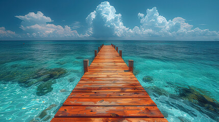 Obraz premium Beautiful tropical landscape background, concept for summer travel and vacation. Wooden pier an ocean against blue sky with white clouds, panoramic view