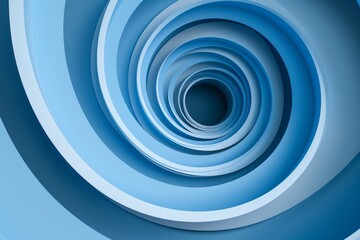 Blue background, threedimensional circular structure with white geometric shapes on the surface of spiral layers