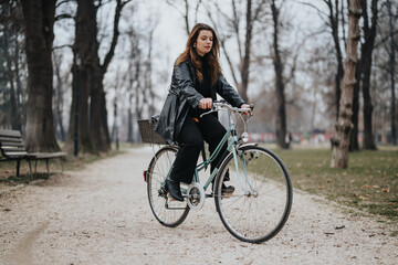 Fototapeta premium A young, attractive businesswoman looking confident and stylish while riding a bicycle on a gravel path in a serene park.