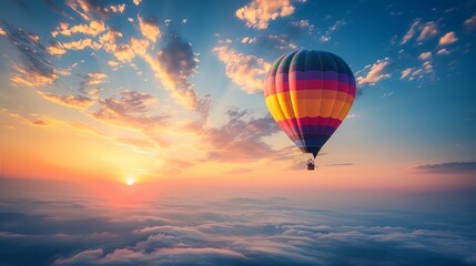 Obraz premium a hot air balloon flying over the clouds at sunset